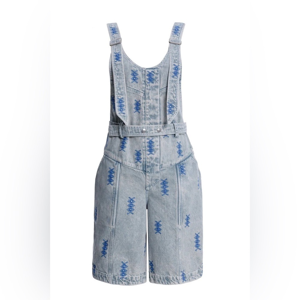 NWT Agua Bendita Freesia Jumpsuit Overall Romper Denim Embroidered Sz L
